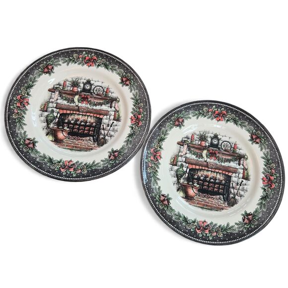 Royal Stafford Christmas Eve Fireplace Hearth Dinner Plates Set of 2 New 10.75" - Picture 2 of 7